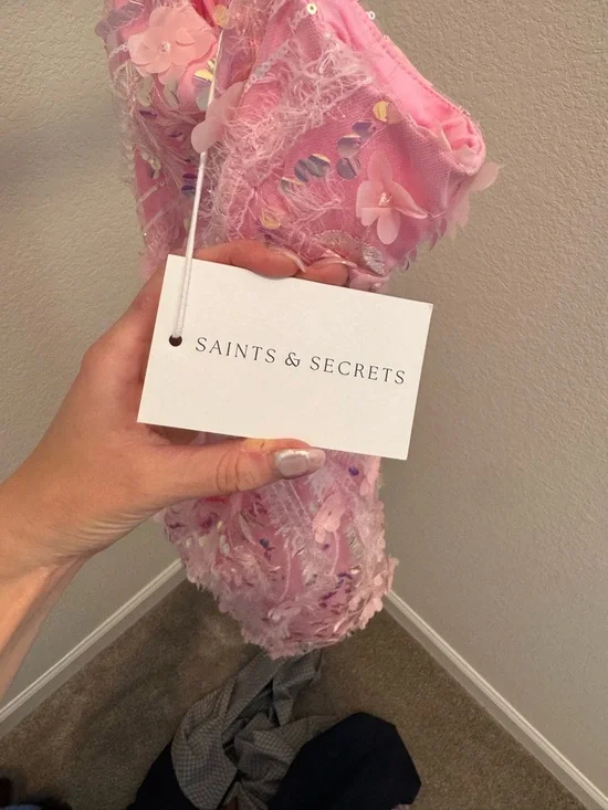 Saints & Secrets Pink Embellished Floral Sequin Spaghetti Strap Dress - Picture 5 of 5